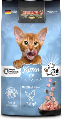 A bag of Leonardo Kitten GF cat food with a kitten on the front.