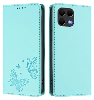 Produktbild von Lederhülle für T-Mobile Revvl 8 Pro/T Phone 3 Pro 5G, Schmetterling Prägung Leder Brieftasche Schutzhülle mit Ständer Türkis