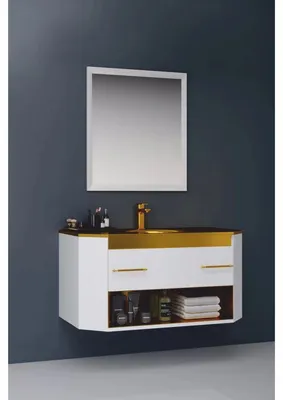 Produktbild von Casa Padrino Luxus Badezimmer Set Hochglanz Weiß / Gold 100 cm - Hotel & Badezimmer Inerior
