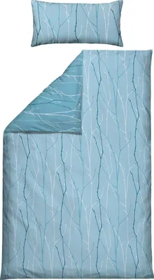 A pillow and a duvet cover with a blue and white branch pattern, laid out flat on a white background.