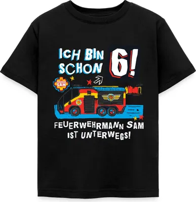 Produktbild von Spreadshirt Feuerwehrmann Sam Geburtstagsdesign 6 Jahre Kinder T-Shirt, 110/116 (5-6 Jahre), Schwarz