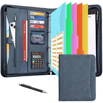 Produktbild von Schreibmappe A4 mit 4-Ringbuch, Reißverschluss, Klemmbrett, Blumenmuster, Blau
