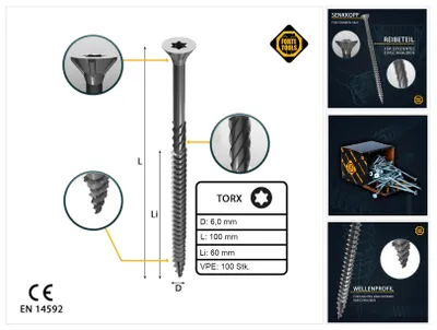 Immagine prodotto di Vite per legno universale FORTE Tools 6,0 x 100 mm T30, 100 pezzi (000040113886), zincata argento, testa svasata Torx, filettatura parziale