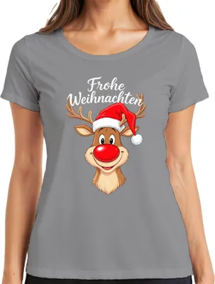 Produktbild von Frohe Weihnachten Rudolph rote Nase Weihnachtsmütze Kinder Lustig Damen T-Shirt, Grau, S