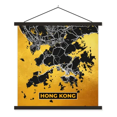 Produktbild von MuchoWow® Textilposter Hongkong - Gold - Stadtplan - Karte 60x60 cm mit schwarzem Rahmen - Posteraufhänger