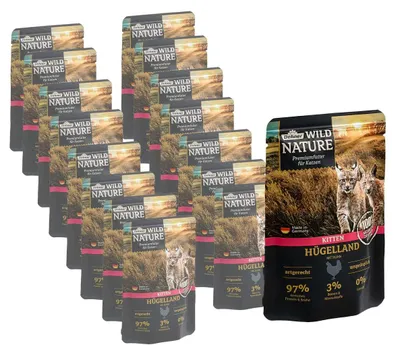 Produktbild von Dehner Wild Nature Katzenfutter Kitten Hügelland, Nassfutter getreidefrei / zuckerfrei, für junge Katzen, Huhn, 16 x 85 g Beutel (1.36 kg)