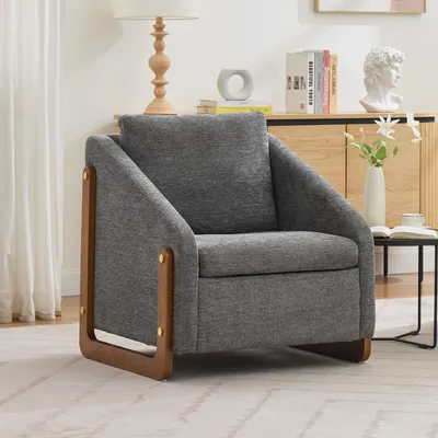 Image de OKWISH Fauteuil Relax - Fauteuil Moderne avec Accoudoirs en Bois, Chenille Gris, Idéal pour Salon