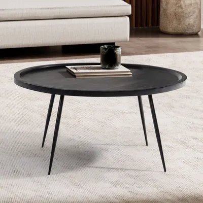Produktbild von FineBuy Couchtisch Mango Massivholz rund Ø 75 cm Schwarz · Moderner Wohnzimmertisch mit Metallbeinen · Handgefertigter Sofatisch im Industrial Design