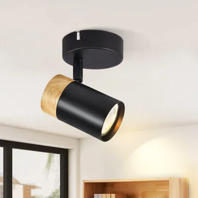 Zdjęcie produktu dla ZMH lampa sufitowa drewniana reflektor sufitowy 1 płomień GU10 lampa sufitowa czarny obrotowy reflektor 330° do przedpokoju garażu salonu sypialni kuchni