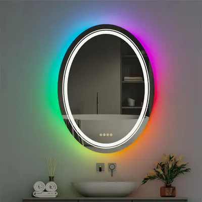 Zdjęcie produktu dla Lustro łazienkowe Vrygle LED, owalne, 60 x 80 cm, RGB – zmiana kolorów, podświetlenie przednie i tylne, regulacja jasności, 4 przyciski dotykowe, powłoka przeciwmgielna, pamięć, lustro ścienne do łazienki