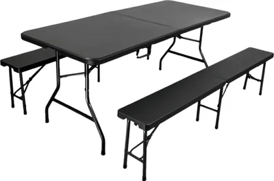 Produktbild von Bierzeltgarnitur 3-teilig klappbar | 1x Buffettisch & 2x Bierbank | Breite 180cm | mit Tragegriffe | für 8 Personen | Kunststoff wetterfest | Schwarz | Bierzeltgarnitur 3-teilig  Gartenmöbel-Set Gartengarnitur Camping
