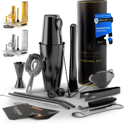 Produktbild von Cocktailshaker – Schwarz – 9-teiliges Cocktail-Set mit einem 825 ml Boston Shaker – Cocktail-Zubehör inklusive Rezeptkarten