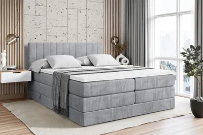Produktbild von ALTDECOR Boxspringbett mit 2 Matratzen und Topper - 200x200 cm - EDITA KING - Hellgrau Samt - Polsterbett mit, H3- und H4- Matratzen, Bettkasten und Lattenrost, Bett mit Stauraum