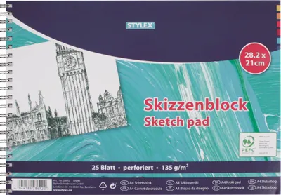 Image de Stylex 28692 - Bloc de croquis avec reliure à spirale, perforé, 28,2 x 21 cm, 25 feuilles 135 g/m², convient pour crayon, fusain, craie rouge, craies de cire, pastels, crayons de couleur et aquarelles