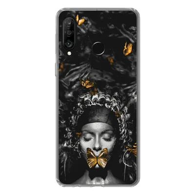 Produktbild von MuchoWow® Handyhülle Schutzhülle Hülle für Huawei P30 Lite Frau - Schmetterlinge - Schwarz - Weiß Silikon Softcase Handy Hülle - Handyhülle