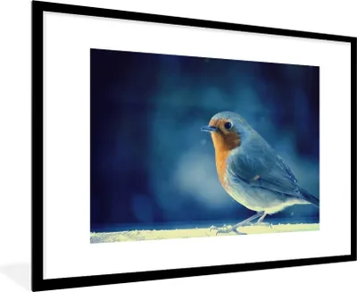 Produktbild von MuchoWow® Gerahmtes Poster Rotkehlchen - Blau - Schnee 90x60 cm - Poster mit Schwarzem Bilderrahmen Wandposter Rahmen Foto Bilder - Wanddekoration - Fotos