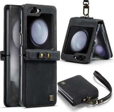 Produktbild von Galaxy Z Flip5 Hülle mit Handschlaufe, Scharnierschutz Retro Kunstledertasche Schutzhülle für Samsung Galaxy Z Flip 5 5G Schwarz