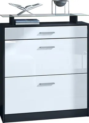 Produktbild von Vladon Schuhschrank Loret, Schuhkipper für 16 Paar Schuhe mit 2 Klappen und 1 Schublade und Glasablage, Schwarz matt/Weiß Hochglanz (89 x 104 x 23 cm)