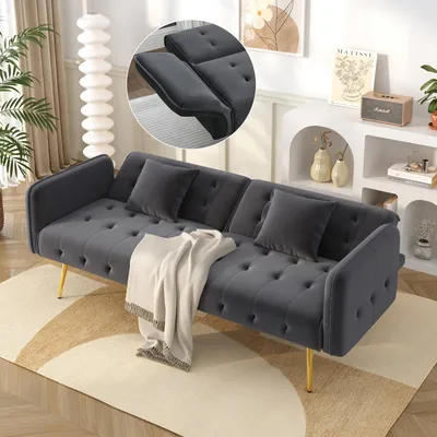 Zdjęcie produktu dla Fortuna Lai Dwuosobowa wielofunkcyjna sofa rozkładana z funkcją spania, regulowanym oparciem + wielopozycyjnymi podłokietnikami. Nowoczesna rozkładana sofa do salonu – obicie z weluru. Obszerna powierzchnia do spania.