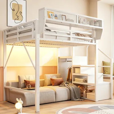 Immagine prodotto di Letto a soppalco okwish 140x200 con luci LED e vani aperti, letto per ragazzi con ringhiera di sicurezza, struttura in metallo bianca, senza materasso