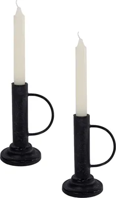 Immagine prodotto di Elegante portacandele decorativo di circa 15 cm in set da 2 in metallo nero con manico - per candele a bastoncino