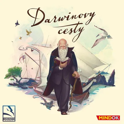 Illustration of Charles Darwin on a ship with sailing vessels and birds in the background.