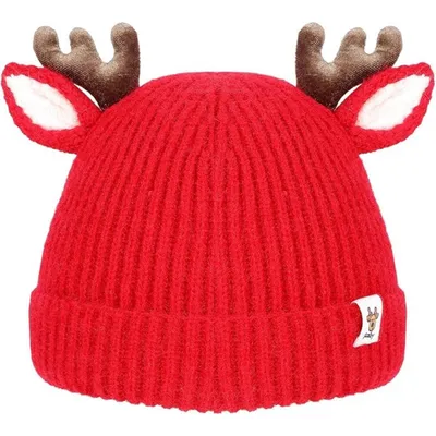 Produktbild von Kinder Wintermütze mit Rentiergeweih & Ohren – Warme Strickmütze Rot