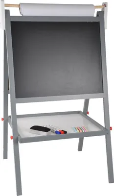 Produktbild von Bandits & Angels Schultafel Grau ab 3 Jahren für Jungen und Mädchen – Kreidetafel, Whiteboard, Magnettafel – mit Papierrolle und 10 Zubehörteilen – Holz – Grau/Weiß