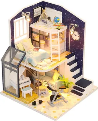 Zdjęcie produktu dla Habarri | Miniaturowy Domek - DIY Domek dla Lalek - Drewniany Domek z Meblami i Oświetleniem LED - Prezent dla Dzieci - Migająca Gwiazda