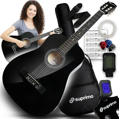 Produktbild von SUPRIMO CGS3 BK, klassische Gitarre, 4/4 Größe, schwarz, ideal für Anfänger. Inklusive Stimmgerät, Plektrum, Gitarrengurt, Ersatzsaiten, Schutzhülle und Akkorddiagramm. Komplettset
