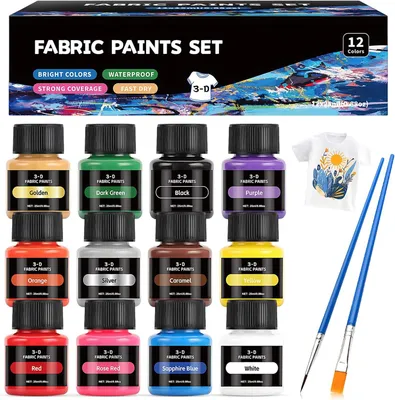 Produktbild von Textilfarbe 12 x 25 ml, 12 Farben, permanente waschbare Farbe, für Kleidung