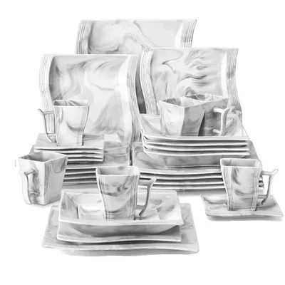 Zdjęcie produktu dla Zestaw naczyń z porcelany marmurowej, można myć w kuchence mikrofalowej i zmywarce, elegancki design, 30 elementów