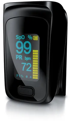 Produktbild von Medicinalis Pulsoximeter Finger, Fingerpulsoximeter, Messung von Puls- und Sauerstoffsättigung am Finger SpO2, OLED Display, Batterieanzeige, Alarm