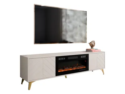 Produktbild von MIRJAN24 TV-Lowboard Xylix 2D EF mit Kamin, TV-Schrank, Wohznimmer Schrank mit zwei Drehtüren und Schublade, Griffe und Füße aus Metall in der Farbe Gold (Farbe: Sandbeige)