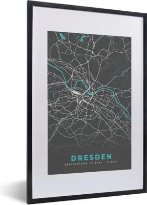 Produktbild von MuchoWow® Gerahmtes Poster Blau - Deutschland - Karte - Stadtplan - Dresden 40x60 cm - Poster mit Schwarzem Bilderrahmen Wandposter Rahmen Foto Bilder - Poster in Rahmen