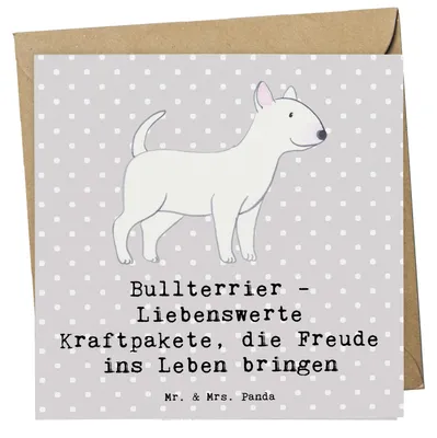 Produktbild von Mr. & Mrs. Panda Klappkarte Bullterrier Kraftpaket - Grau Pastell - Geschenk, Hunderasse, anlasskarte, Hunderassen Vielfalt, Glückwunschkarte, loyale Hunde, Eigenschaften