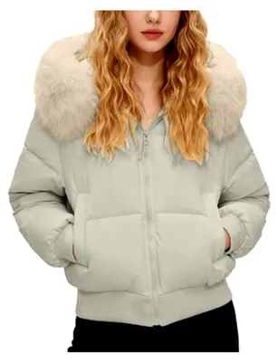 Produktbild von Winterjacke Damen Warme Steppjacke mit Kapuze Elegant Kurz Wintermantel Winddichte Lässige Kapuzenjacke mit Fellkapuze Puffer Jacke Steppmantel Dicke Daunenjacke Mantel Outdoorjacke