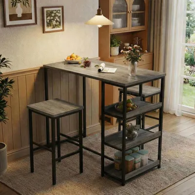 Produktbild von Bartisch-Set 3-teilig für 2 Personen mit 2 Hockern & 2 Ablagen Grau
