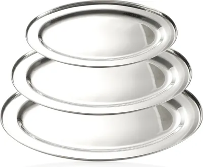 Produktbild von com-four® 3-teiliges Tablett-Set - ovales Tablett zum Servieren und dekorieren - Dekoteller aus Edelstahl in 3 Größen - Servierschale