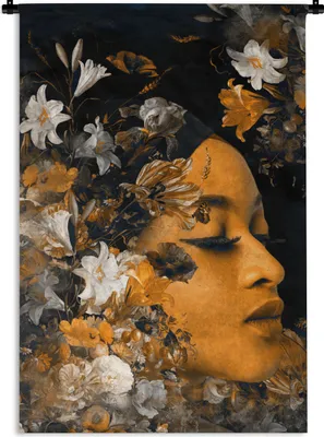 Produktbild von MuchoWow® Wandteppich Wandbehang Blume - Frauen - Gold 120x180 cm Tapisserie Dekoration Wandtuch - Schlafzimmer - Dekorationen für das Haus
