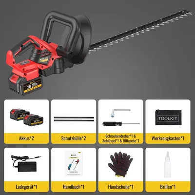 Zdjęcie produktu dla Akumulatorowe nożyce do żywopłotów, 56 cm, elektryczne, bezprzewodowe, z 2 akumulatorami i ładowarką, 21V, 1000W, ergonomiczny dwuręczny uchwyt, do użytku w ogrodzie. 2 akumulatory, kolor: czerwony