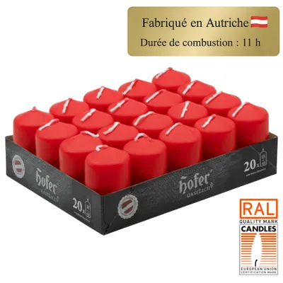 Image de Bougies Pilier Rouges HOFER – Lot de 20 – 4x7 cm – Longue Durée 11 h – Sans Gouttes & Faible Fumée – Sans Parfum – Fabriquées en Autriche