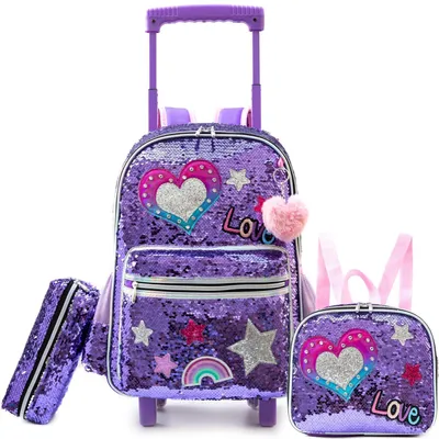 Immagine prodotto di Zaino per bambini con ruote, set da 3 pezzi: zaino, trolley, borsa per il pranzo e astuccio, colore viola, motivo cuore