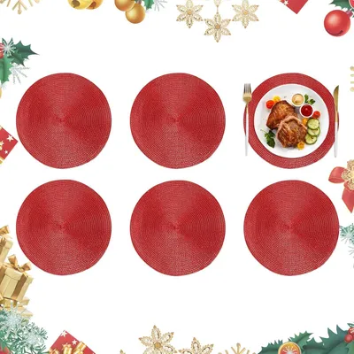 Produktbild von Weihnachten Tischsets Rund 6PCS Rot Platzsets Abwaschbar 38cm Glitzer Platzdeckchen Hitzebest?ndigem Tisch Tischsets fš¹r Kš¹che Abendessen