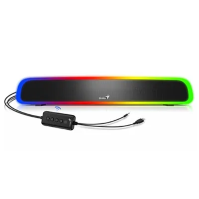 A black soundbar with RGB lighting and a control pod.