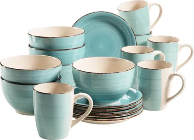 Produktbild von Mäser 931496 Lumaca Frühstück-Service für 6 Personen im Vintage Look, handbemalte Keramik, Geschirr-Set, Steingut, türkis, 18-teilig (1 Set)