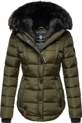 Produktbild von Marikoo Lotusblüte Damen Winter Steppjacke mit Kapuze Kunstfellbesatz Parka Mantel Jacke Olive Gr. 36 - S