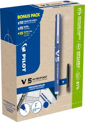 Image de PILOT 556244 PILOT Roller à encre V5 HI-TECPOINT, bleu, BONUSPACK