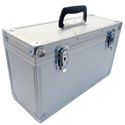 A silver aluminum case with a black handle and chrome latches, shown against a white background.