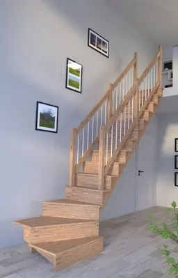 Produktbild von Holztreppe Lindos (Eiche) in  1/4 gewendelter Ausführung rechts-80 cm-Holz-Edelstahl Geländer weiß-beidseitig-mit Setzstufen